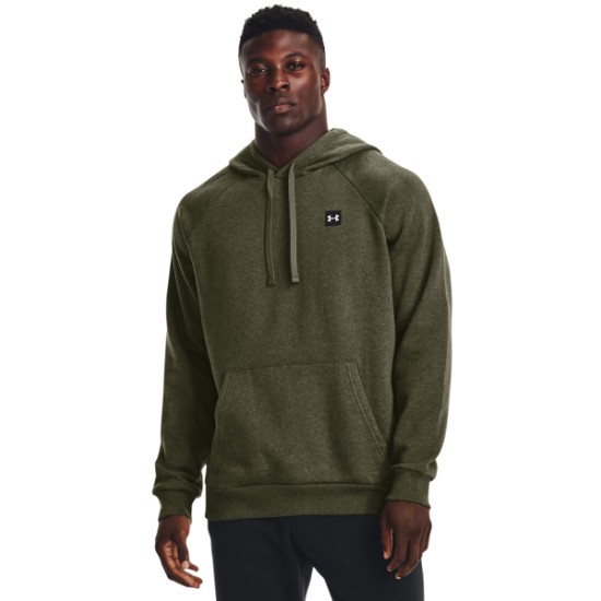 MENS UA RIVAL FLEECE HOODIE  MARINE OD GREEN LIGHT HEATHER/ONYX WHITE
