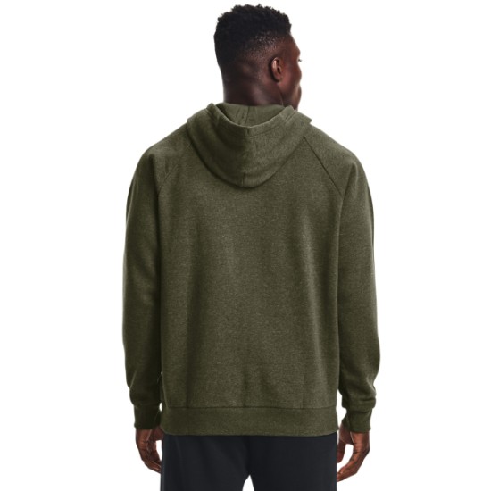 MENS UA RIVAL FLEECE HOODIE  MARINE OD GREEN LIGHT HEATHER/ONYX WHITE