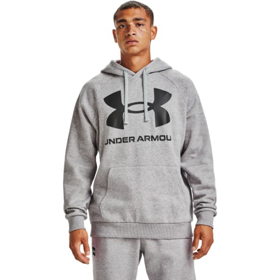 UA MENS  RIVAL FLEECE BIG LOGO HOODIE MOD GRAY LIGHT HEATHER/BLACK