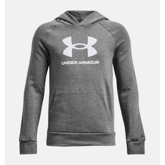 BOYS UA RIVAL FLEECE BIG LOGO HOODIE CASTLEROCK LIGHT HEATHER/WHT